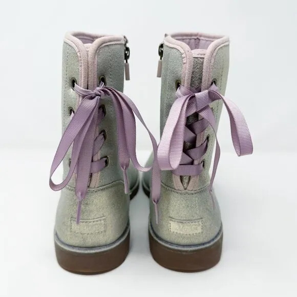 UggMetallic Silver Corene Boots Size 6 Side Zip/Lace Up Back Shearling Footbed
