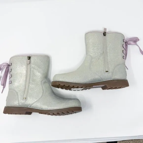 UggMetallic Silver Corene Boots Size 6 Side Zip/Lace Up Back Shearling Footbed