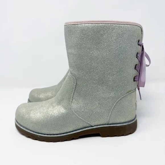 UggMetallic Silver Corene Boots Size 6 Side Zip/Lace Up Back Shearling Footbed