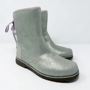 UggMetallic Silver Corene Boots Size 6 Side Zip/Lace Up Back Shearling Footbed