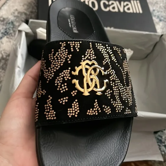 Unisex Crystal Roberto Cavalli Slides 🤎with Logo