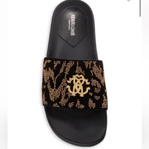 Unisex Crystal Roberto Cavalli Slides 🤎with Logo