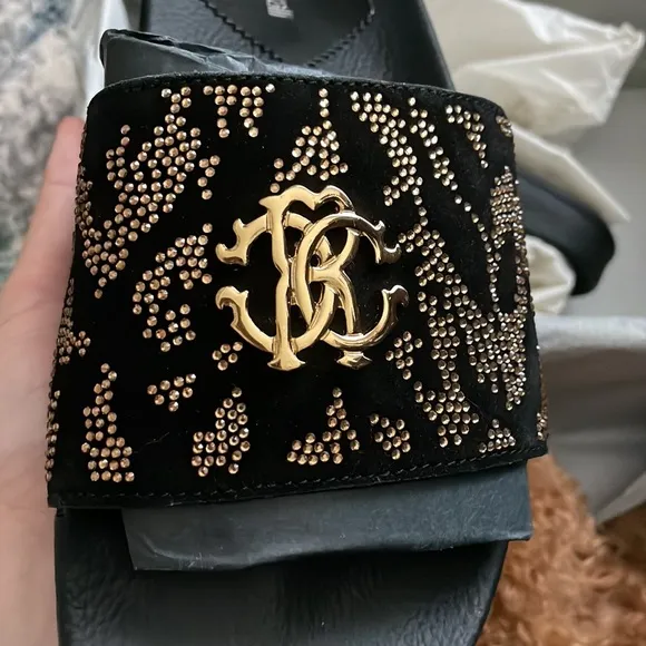 Unisex Crystal Roberto Cavalli Slides 🤎with Logo