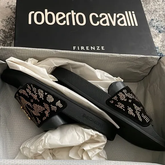 Unisex Crystal Roberto Cavalli Slides 🤎with Logo