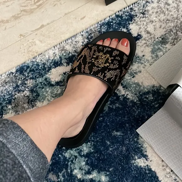 Unisex Crystal Roberto Cavalli Slides 🤎with Logo