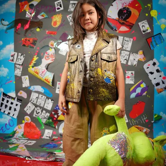 Upcycled Kids Harajuku Pants – Golden Minion Design, Hand-Painted, Fits 8–10 Yrs