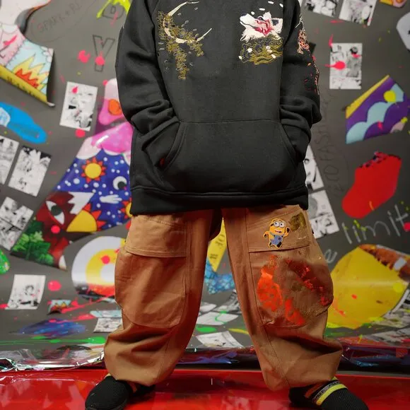 Upcycled Kids Harajuku Pants – Golden Minion Design, Hand-Painted, Fits 8–10 Yrs
