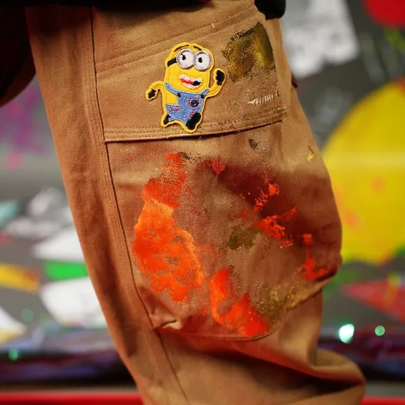 Upcycled Kids Harajuku Pants – Golden Minion Design, Hand-Painted, Fits 8–10 Yrs