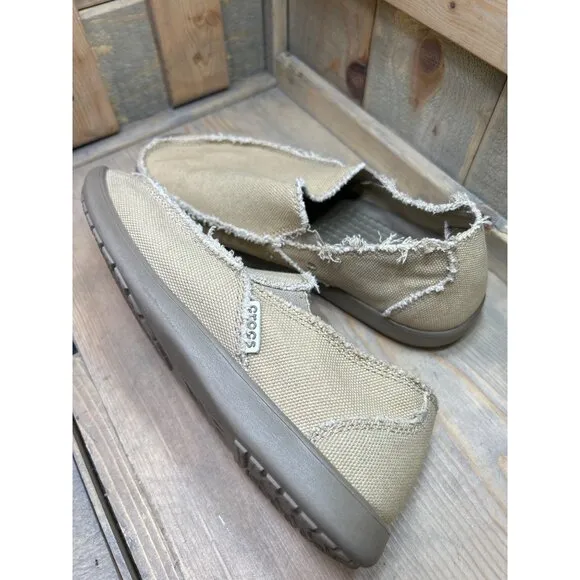 US9 M9 Crocs Santa Cruz 10128 Beige Loafers Frayed Canvas Slip-On Shoes Mens