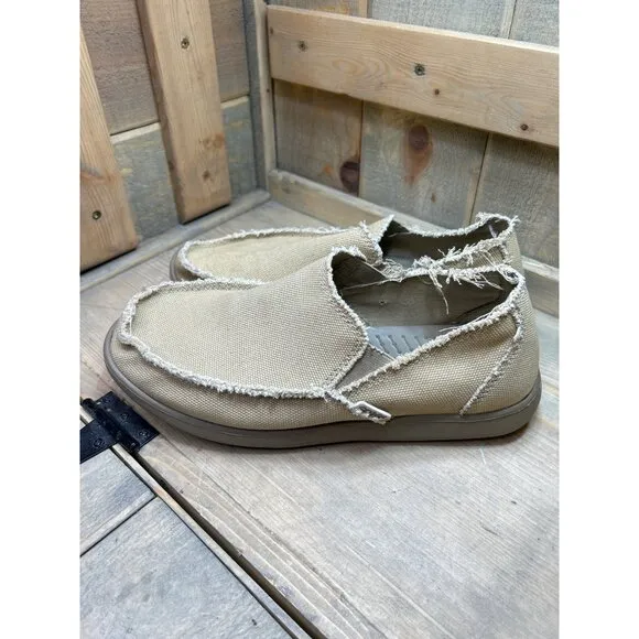 US9 M9 Crocs Santa Cruz 10128 Beige Loafers Frayed Canvas Slip-On Shoes Mens