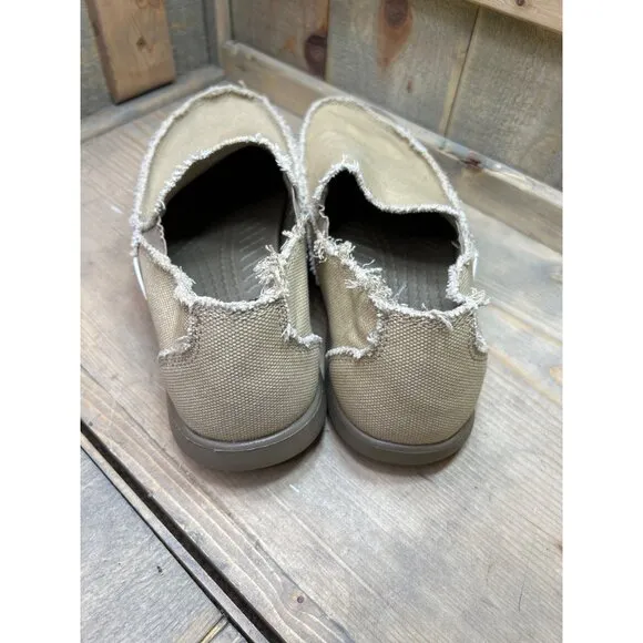 US9 M9 Crocs Santa Cruz 10128 Beige Loafers Frayed Canvas Slip-On Shoes Mens