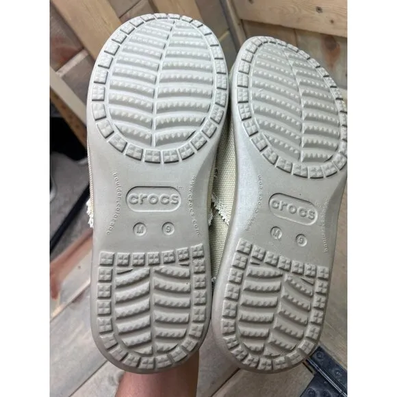 US9 M9 Crocs Santa Cruz 10128 Beige Loafers Frayed Canvas Slip-On Shoes Mens
