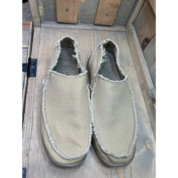 US9 M9 Crocs Santa Cruz 10128 Beige Loafers Frayed Canvas Slip-On Shoes Mens