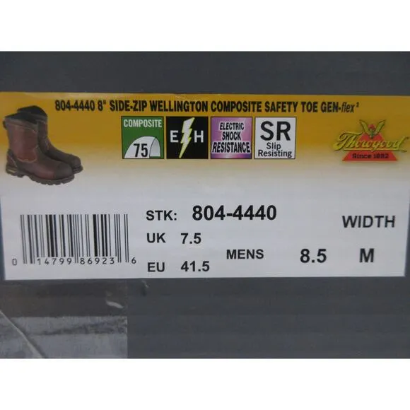 Used Thorogood GEN-Flex2 8” Side-Zip Wellington Pull On Work Boots -  8.5 M US