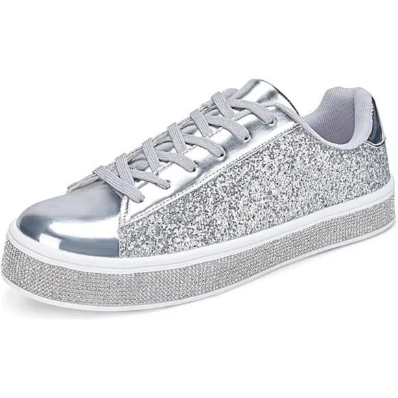 UUBARIS Women's Glitter Tennis Sneakers Neon Dressy Sparkly Sneakers