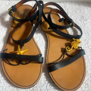 Valentino black leather sandals with gold starfish and seahorse detail size 37