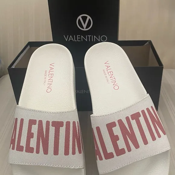 VALENTINO BY MARIO “IRENE” White/Pink Leather Logo Slide Sandals Women’s Size 10