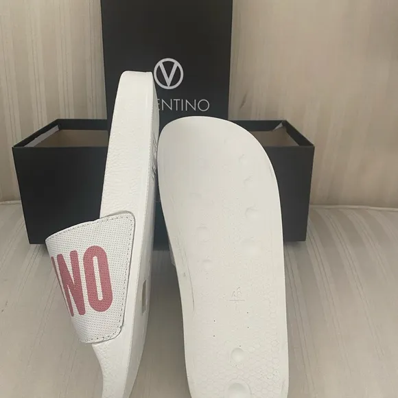 VALENTINO BY MARIO “IRENE” White/Pink Leather Logo Slide Sandals Women’s Size 10