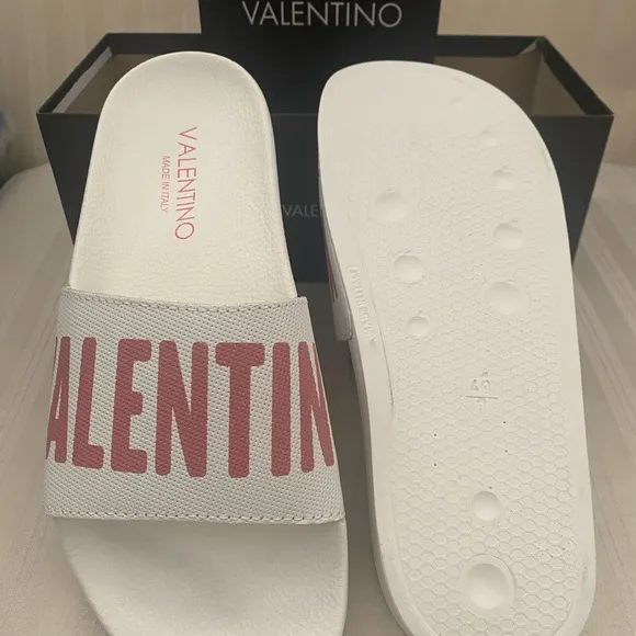 VALENTINO BY MARIO “IRENE” White/Pink Leather Logo Slide Sandals Women’s Size 10