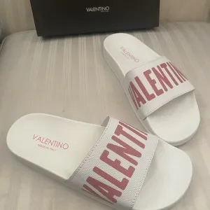 VALENTINO BY MARIO “IRENE” White/Pink Leather Logo Slide Sandals Women’s Size 10