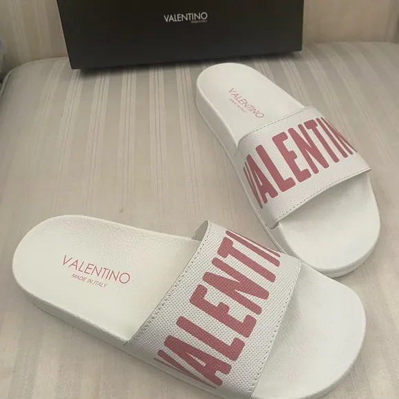 VALENTINO BY MARIO “IRENE” White/Pink Leather Logo Slide Sandals Women’s Size 10