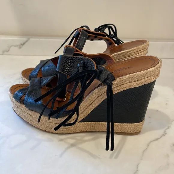 VALENTINO fringe leather espadrille wedge sandals black size 40