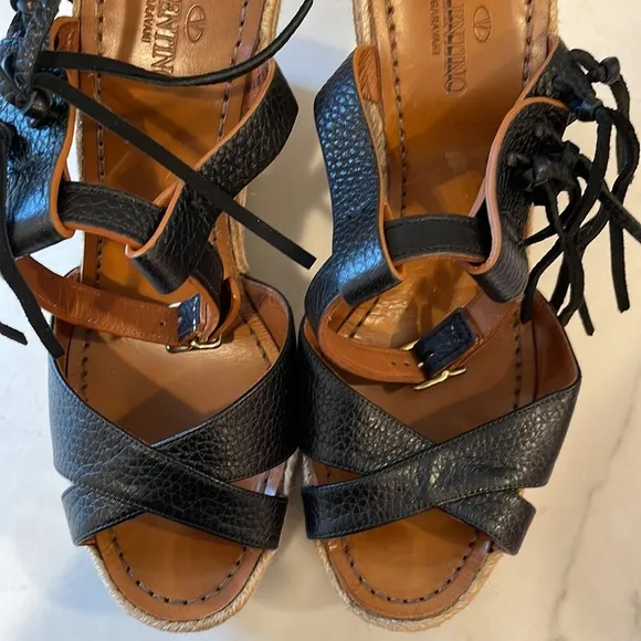 VALENTINO fringe leather espadrille wedge sandals black size 40