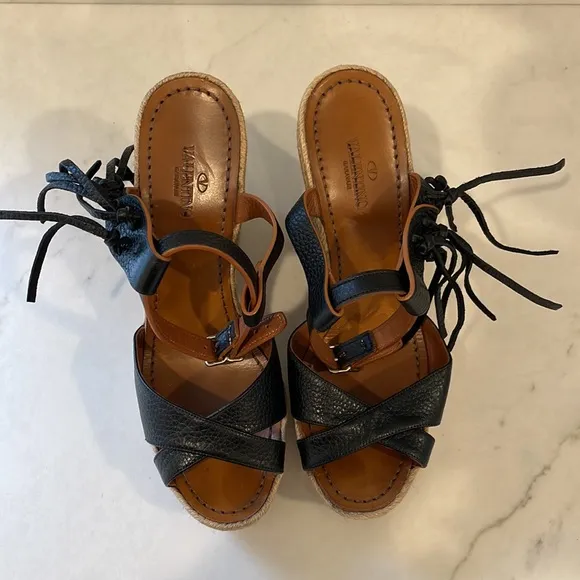 VALENTINO fringe leather espadrille wedge sandals black size 40