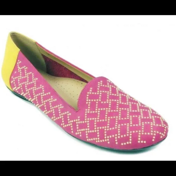 VANELI Suzon magenta yellow color block nabuk ballet flats gold studs 7M NWOT
