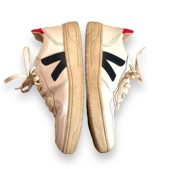 Veja V-10 White, Red &amp; Blue Leather Lace-Up Sneakers Sz 7‎