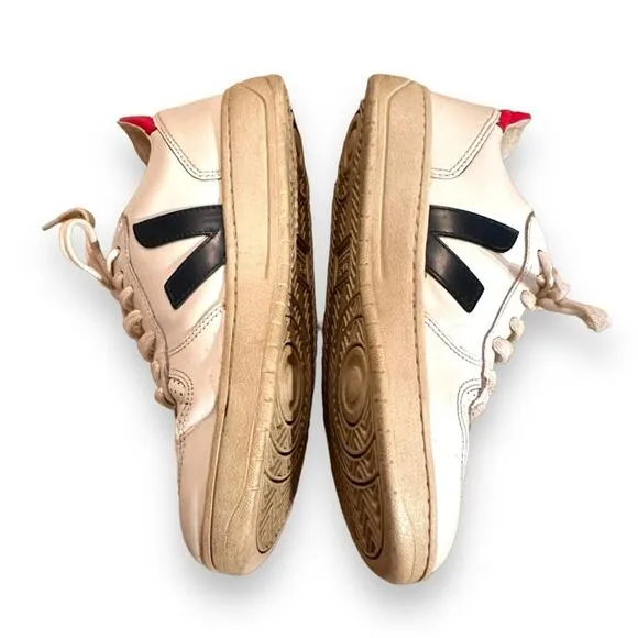 Veja V-10 White, Red &amp; Blue Leather Lace-Up Sneakers Sz 7‎