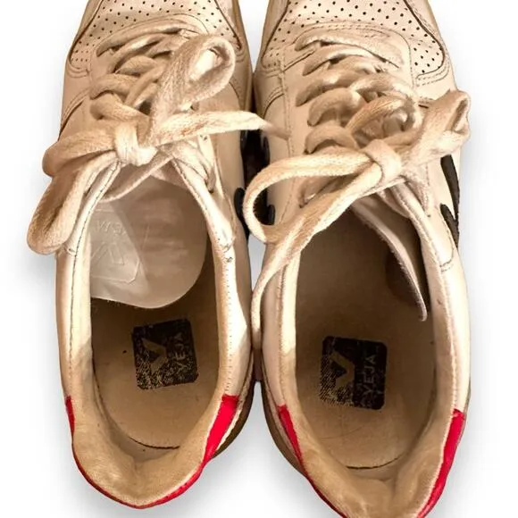Veja V-10 White, Red &amp; Blue Leather Lace-Up Sneakers Sz 7‎