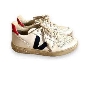 Veja V-10 White, Red &amp; Blue Leather Lace-Up Sneakers Sz 7‎