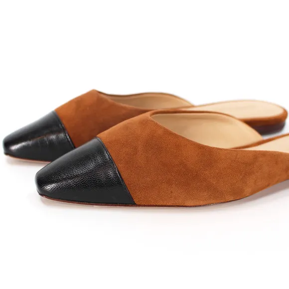 Veronica Beard Carlotta Suede Flats NEW Leather Cap Toe Caramel Black Size 6.5