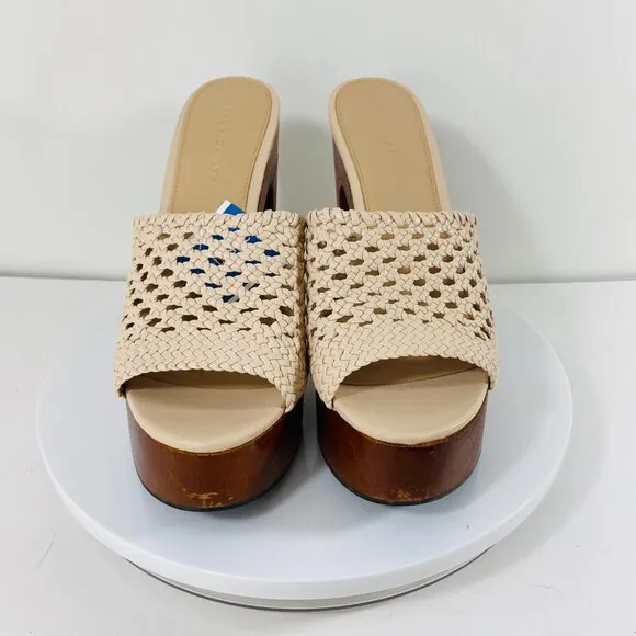 Veronica Beard Leather Sandals Women 9M Ivory Woven Ecru Crochet Chunky Platform