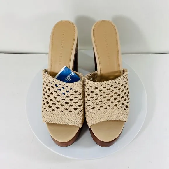 Veronica Beard Leather Sandals Women 9M Ivory Woven Ecru Crochet Chunky Platform