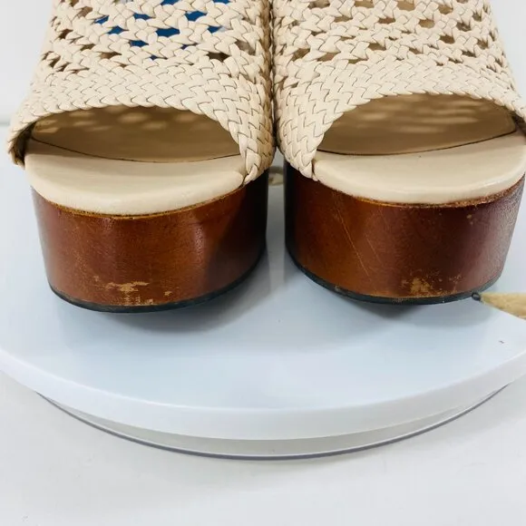 Veronica Beard Leather Sandals Women 9M Ivory Woven Ecru Crochet Chunky Platform