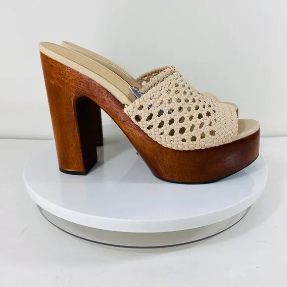 Veronica Beard Leather Sandals Women 9M Ivory Woven Ecru Crochet Chunky Platform