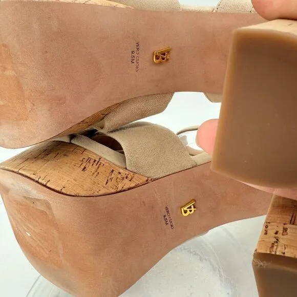 Veronica Beard Women's Lucille Cork Suede Platform Sandals Beige Size 9.5 Chunky