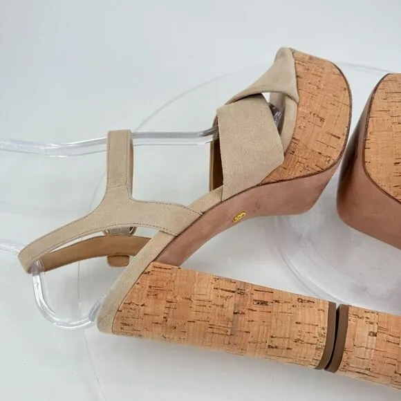 Veronica Beard Women's Lucille Cork Suede Platform Sandals Beige Size 9.5 Chunky