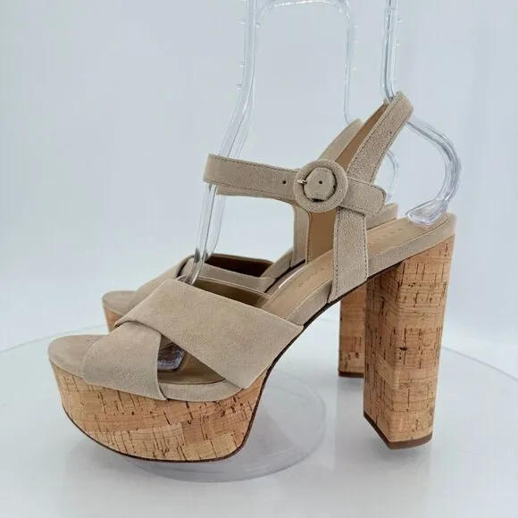 Veronica Beard Women's Lucille Cork Suede Platform Sandals Beige Size 9.5 Chunky