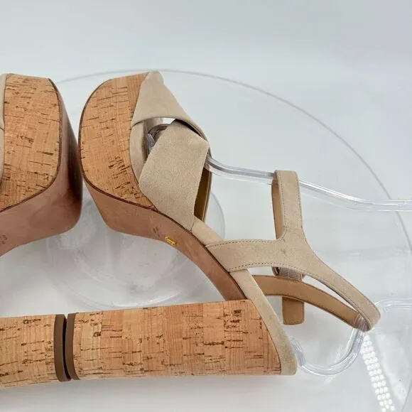 Veronica Beard Women's Lucille Cork Suede Platform Sandals Beige Size 9.5 Chunky