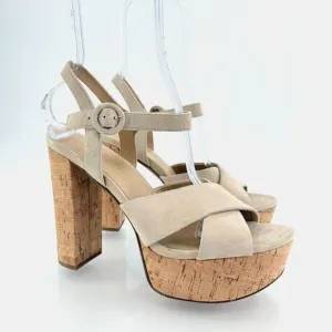 Veronica Beard Women's Lucille Cork Suede Platform Sandals Beige Size 9.5 Chunky