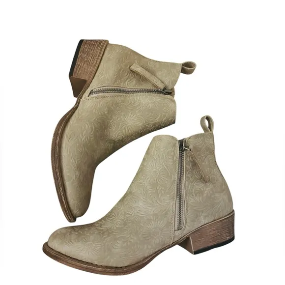 Very G Tan Western Embossed Ankle Boots
