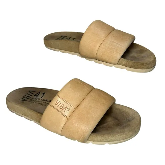 VIBAe -  Women’s ‘Porto’ Leather Slide Sandals, Desert Nude - Size 41 EU, 8 US