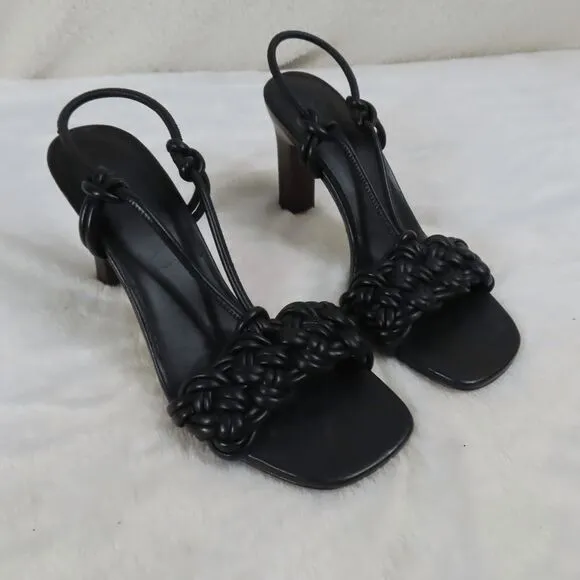 Vince Black Leather Quenelle Block Heel Slingback Sandals 9M
