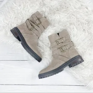 Vince Camuto Taupe Brown Suede Leather Moto Boots Size 8.5 VP- Belisha2