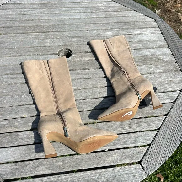 Vince Camuto Womens Tressara Beige Suede Side Zip Knee-High Boots Shoes size 8.5