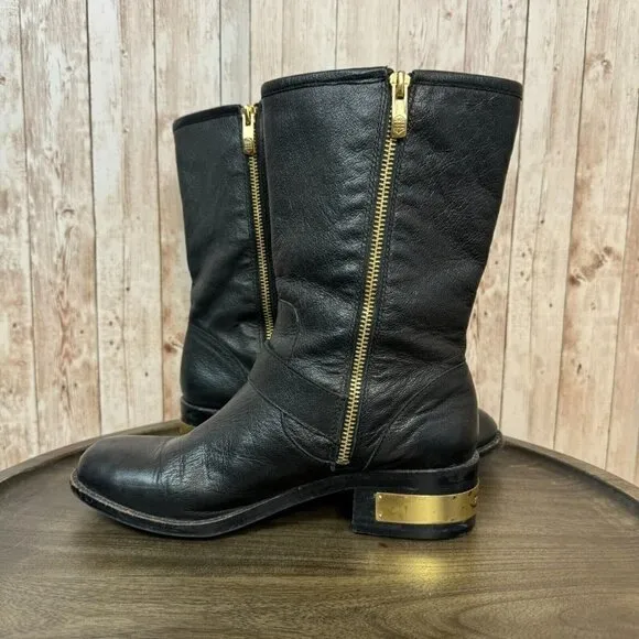 Vince Camuto Womens Winchell Black Leather Gold Moto Boots Buckle Zip 7.5M