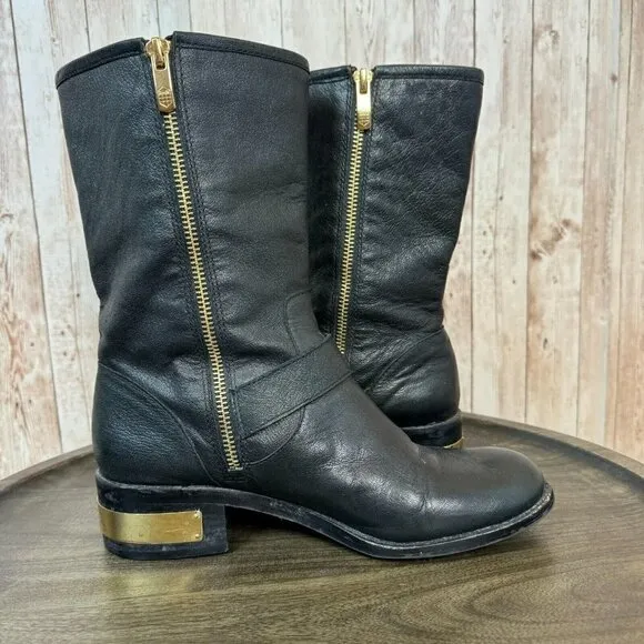 Vince Camuto Womens Winchell Black Leather Gold Moto Boots Buckle Zip 7.5M